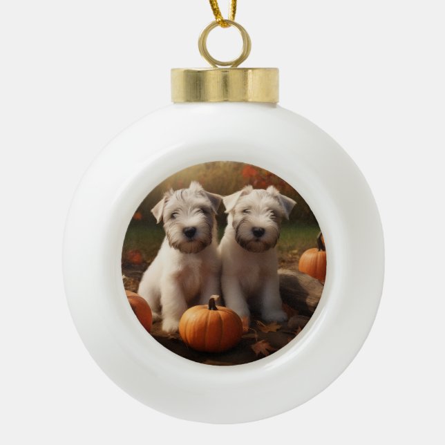 Wheaten Terrier Welpe Autumn Delight Pumpkin Keramik Kugel-Ornament (Vorderseite)