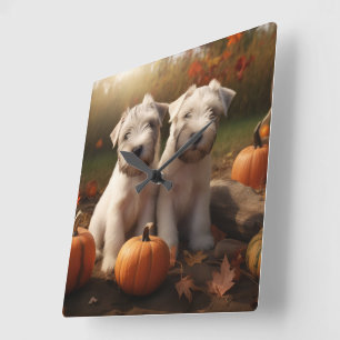 Wheaten Terrier Welpe Autumn Delight Pumpkin Quadratische Wanduhr