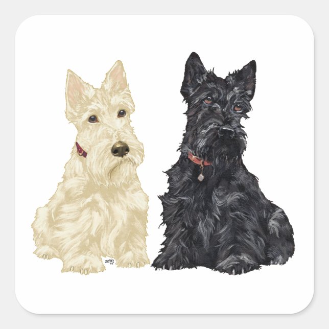 Wheaten und Black Scottish Terriers Quadratischer Aufkleber (Vorderseite)