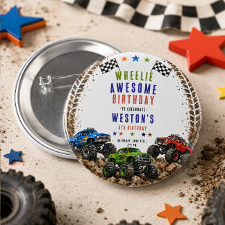 Wheelie Awesome Monster Truck 4. Geburtstag Junge Button