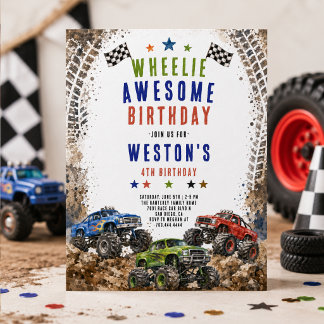 Wheelie Awesome Monster Truck 4. Geburtstag Junge  Einladung