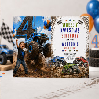 Wheelie Awesome Monster Truck 4. Geburtstag Junge  Einladung