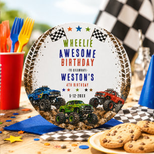 Wheelie Awesome Monster Truck 4. Geburtstag Junge Runder Aufkleber