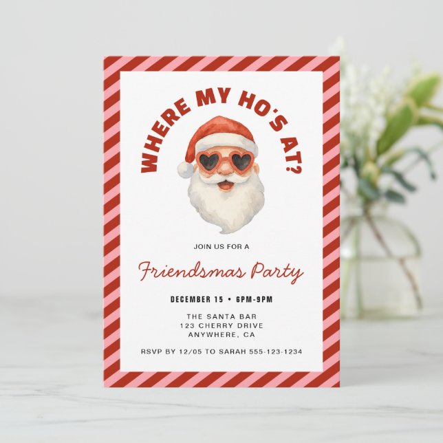 Where My Hos At Santa Friendsmas Party Einladung (Stehend Vorderseite)