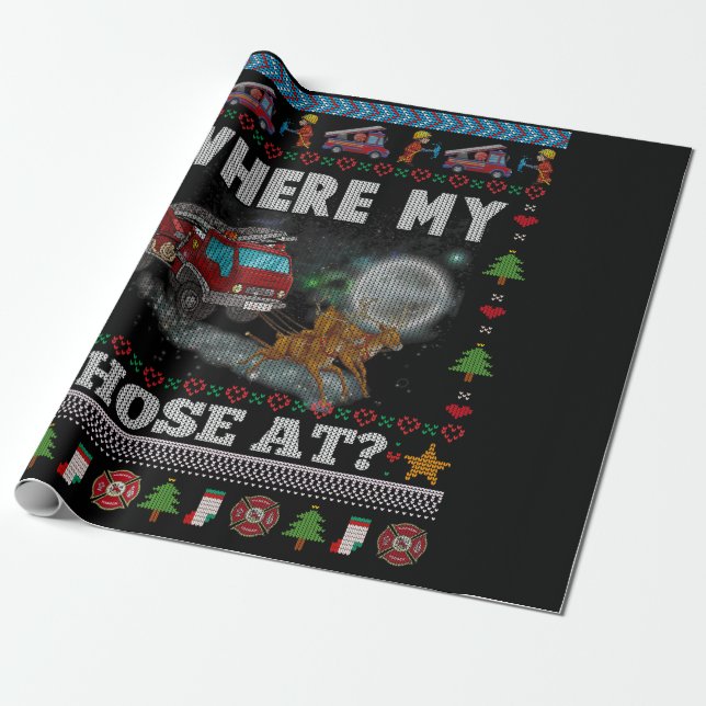 WHERE MY HOSE FIREFIGHTER Ugly Christmas Sweater Geschenkpapier (Ungerollt)