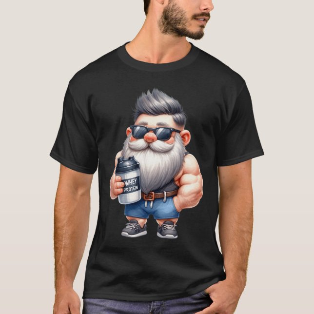 Whey Protein Gnome Vater Funny Bodybuilder Graphic T-Shirt (Vorderseite)