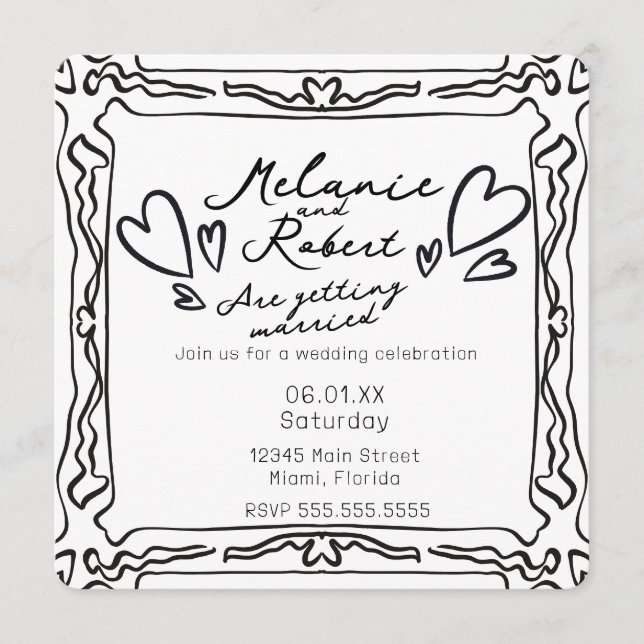Whimiscal Cute Doodles Black White Frame Wedding Einladung (Vorderseite)