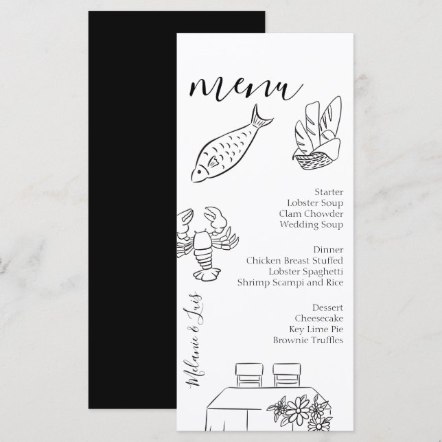 Whimiscal Doodle Black White Heart Wedding Menu  Menükarte (Vorne/Hinten)