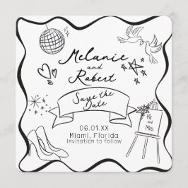 Whimiscal Doodles Black White Frame Save the Date Einladung
