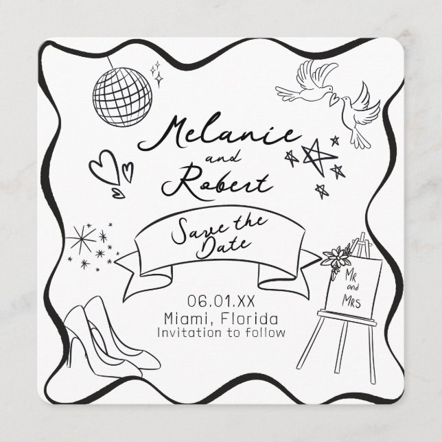 Whimiscal Doodles Black White Frame Save the Date Einladung (Vorderseite)