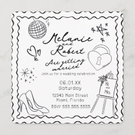 Whimiscal Doodles Black White Frame Wedding Einladung