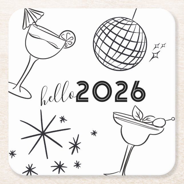 Whimiscal Doodles Hello 2026 New Years Gold Rechteckiger Pappuntersetzer (Vorderseite)