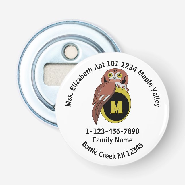 Whimiscal Owl Monogram Lost Family Zuhause Address Flaschenöffner (Vorderseite)