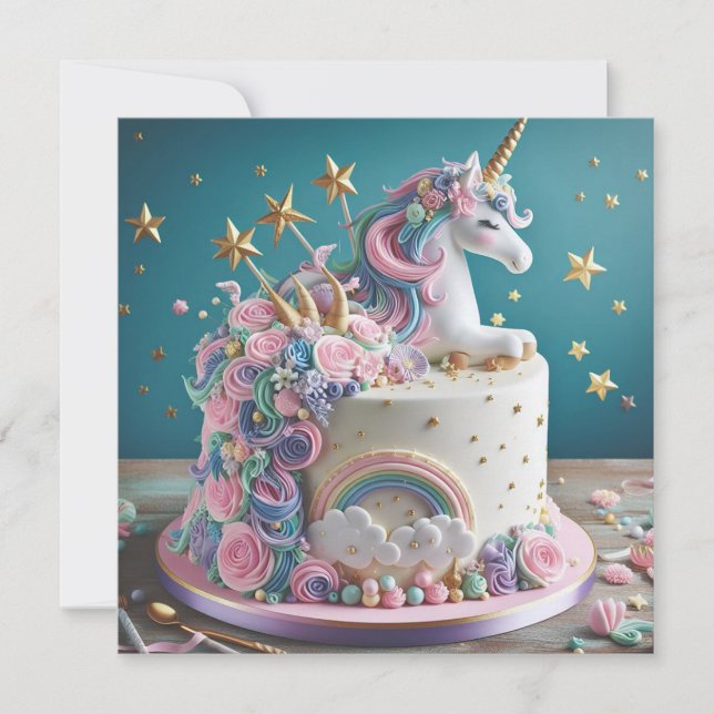 WHIMISCAL PINK & BLUE UNICORN CAKE BIRTHDAY EINLADUNG (Vorderseite)