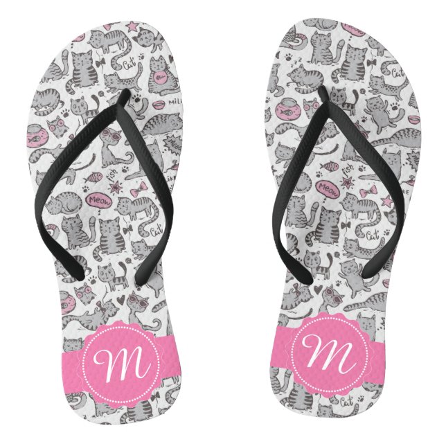 Whimiscal Pink und Gray Cartoon Cat Geschenk Ideen Flip Flops (Fußbett)