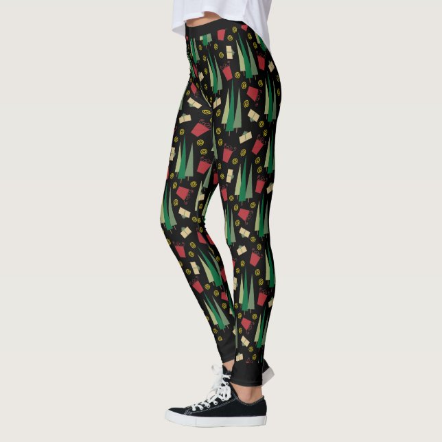 Whimiscal Weihnachtsbaummuster Schwarz Leggings (Links)