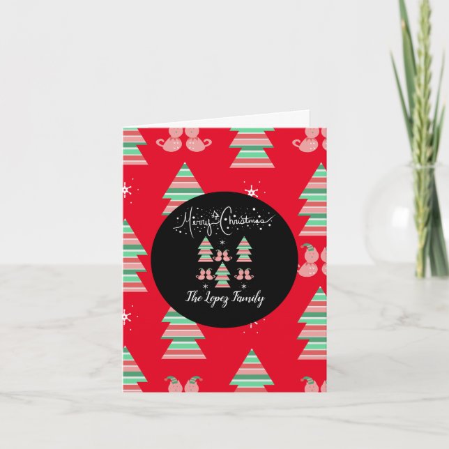 Whimisical Frohe Weihnachten Cat Pattern Red Pink Dankeskarte (Vorderseite)