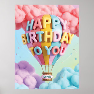 Whimsical 3D "Happy Birthday" Hot Air Balloon Poster