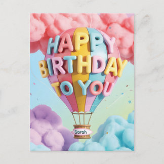 Whimsical 3D "Happy Birthday" Hot Air Balloon Postkarte