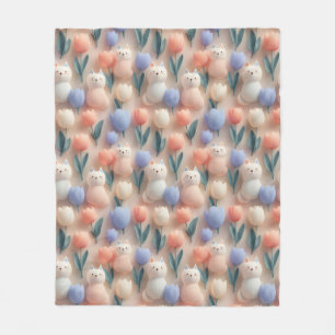 Whimsical 3D Katze und Tulpe Nahtloses Muster Fleecedecke