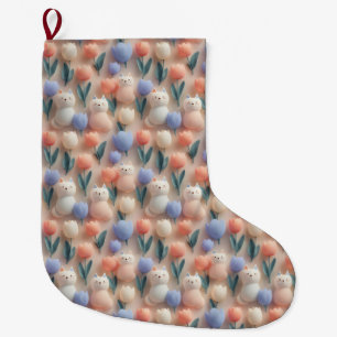 Whimsical 3D Katze und Tulpe Nahtloses Muster Großer Weihnachtsstrumpf
