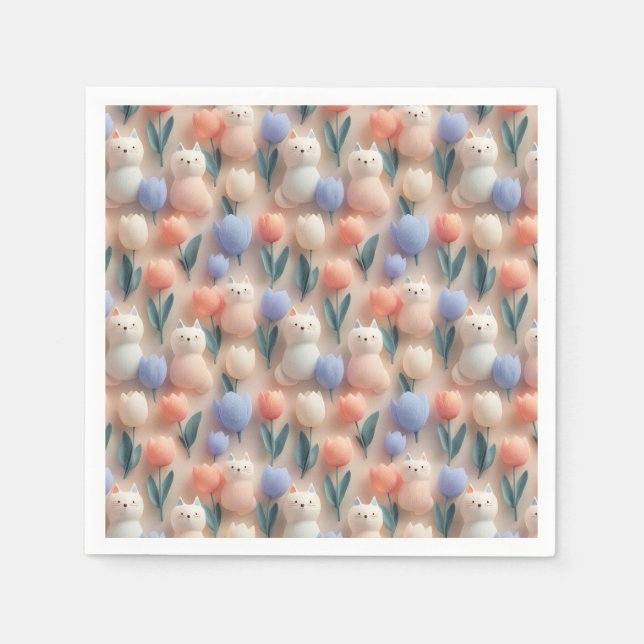 Whimsical 3D Katze und Tulpe Nahtloses Muster Serviette (Vorderseite)