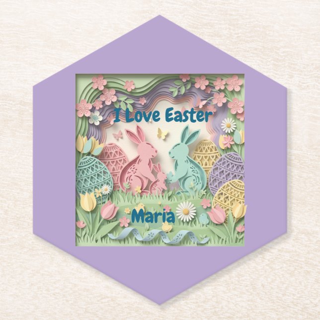 Whimsical 3D Paper Cut Bunny & Easter Eggs Coaster Untersetzer (Vorderseite)