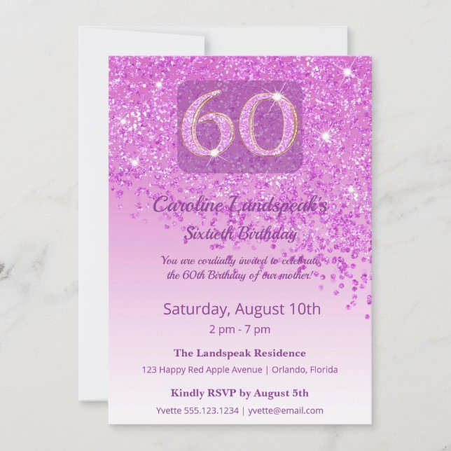 Whimsical 60. Geburtstag Rosa Glitter Funkelnd Einladung (Vorderseite)