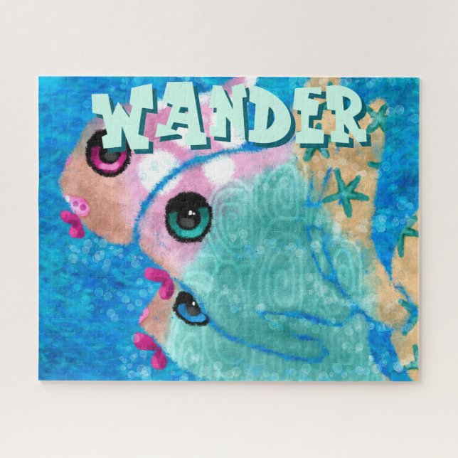 Whimsical Abstract Fish Trio Blue Personalized Puzzle (Horizontal)