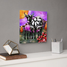 Whimsical Abstract Momma & Baby Cow Funky Farm Quadratische Wanduhr
