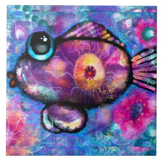 Whimsical Abstrakt Big Eye Fisch Lila Aquamarin Ro Fliese (Vorderseite)
