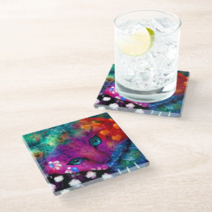 Whimsical Abstrakt Dreamy Kitty Cat Aquamarin Lila Glasuntersetzer