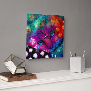 Whimsical Abstrakt Dreamy Kitty Cat Aquamarin Lila Quadratische Wanduhr