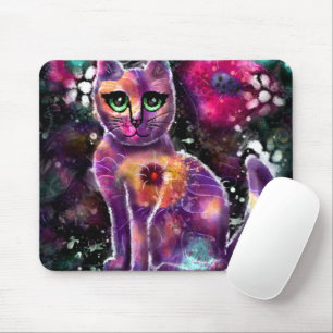 Whimsical Abstrakt floral Kitty Cat Black Pink Mousepad