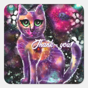 Whimsical Abstrakt floral Kitty Cat Black Pink Quadratischer Aufkleber