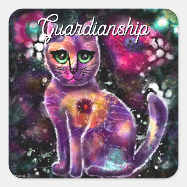 Whimsical Abstrakt floral Kitty Cat Black Pink Quadratischer Aufkleber (Vorderseite)