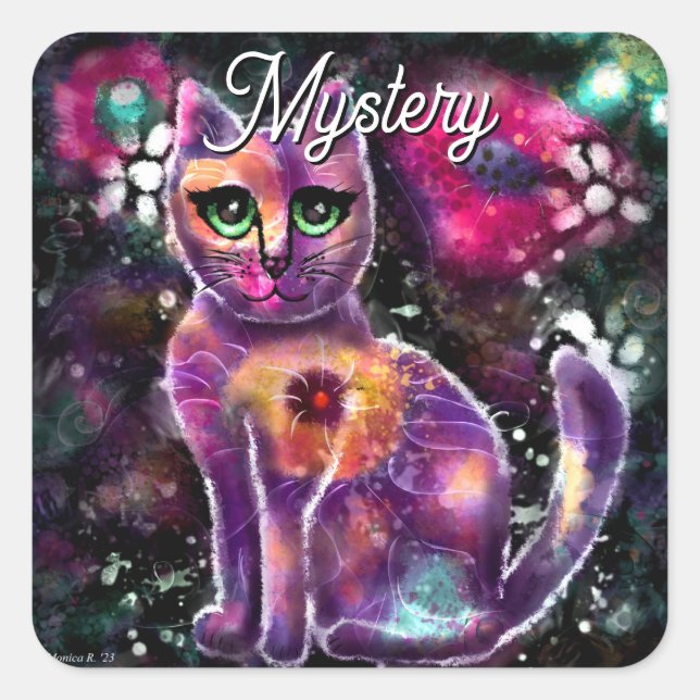 Whimsical Abstrakt floral Kitty Cat Black Pink Quadratischer Aufkleber (Vorderseite)
