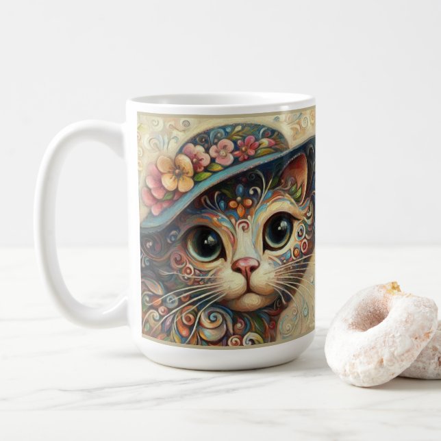 Whimsical Abstrakt Kitty Cat mit Hut Kaffeetasse (Mit Donut)