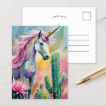 Whimsical Abstrakt Unicorn und Sukkuline Postkarte<br><div class="desc">Ein modernes abstraktes Gemälde mit einem whimsikalen Einhorn, umgeben von pastellfarbenen Kakteen und Sukkulenten. Das Einhorn, in fließenden Linien und lebhaften Farben gestrichen, hebt sich durch die sanften Farbtöne von Rosa, Minze Grüntöne und blasser Blues in den Wüstenregionen ab. Diese spielerische, fantasievolle Komposition verbindet die mystische Aura des Einhorns mit...</div>