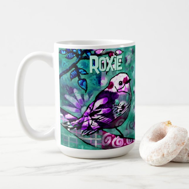 Whimsical abstraktes Vogel-Blumenmuster personalis Kaffeetasse (Mit Donut)