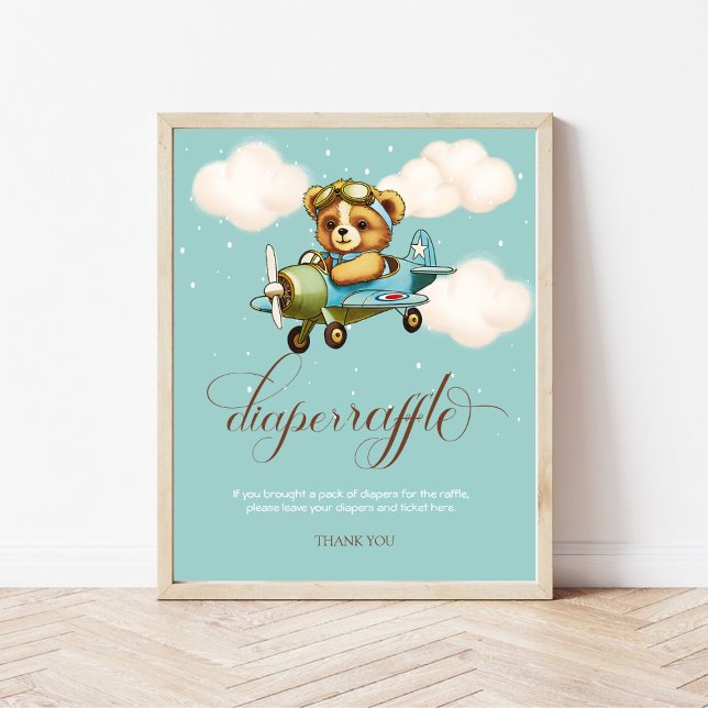 Whimsical Airplane Teddy Bär Windeln Raffel Poster (Whimsical Airplane Teddy bear Diaper Raffle Poster)