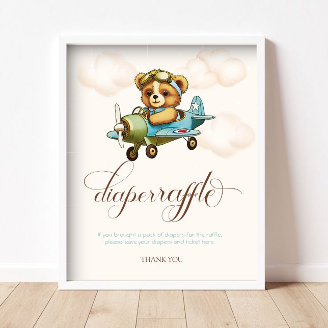 Whimsical Airplane Teddy Bär Windeln Raffel Poster (Whimsical Airplane Teddy bear Diaper Raffle Poster)