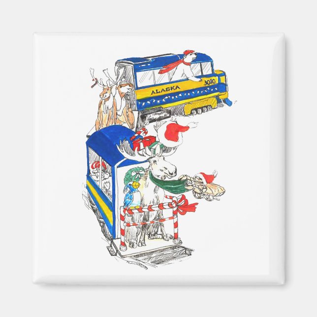 Whimsical Alaska Weihnachts Wildlife Train entworf Magnet (Vorne)