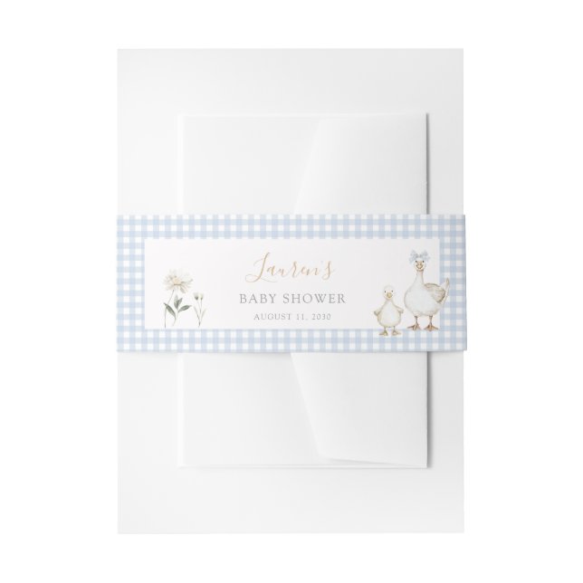 Whimsical Albern Gänse Blue Gingham Baby Dusche Einladungsbanderole (Vorderseite Beispiel)