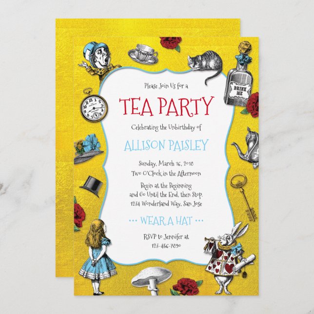Whimsical Alice im Wunderland Gold Party Einladung (Vorne/Hinten)
