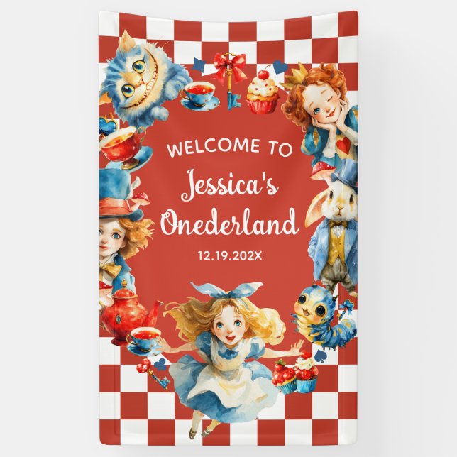 Whimsical Alice in ONEDERLAND 1st Birthday WELCOME Banner (Vertikal)