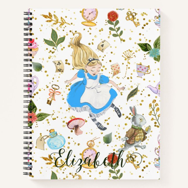 Whimsical Alice's Adventures in Wonderland Glitzer Notizbuch (Vorderseite)