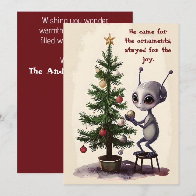 Whimsical Alien Christmas Tree Scene  Feiertagskarte (Vorne/Hinten)