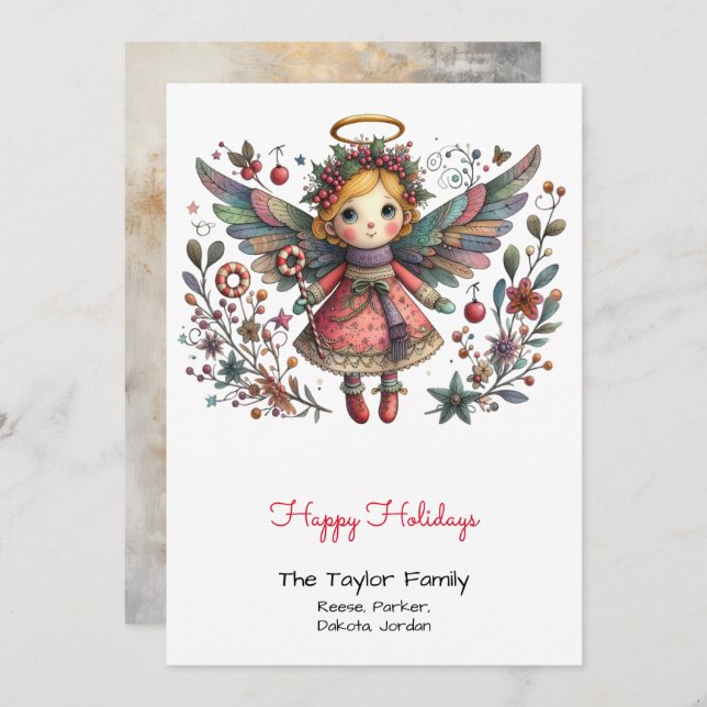 Whimsical Angel Illustration Happy Feiertagskarte (Vorne/Hinten)