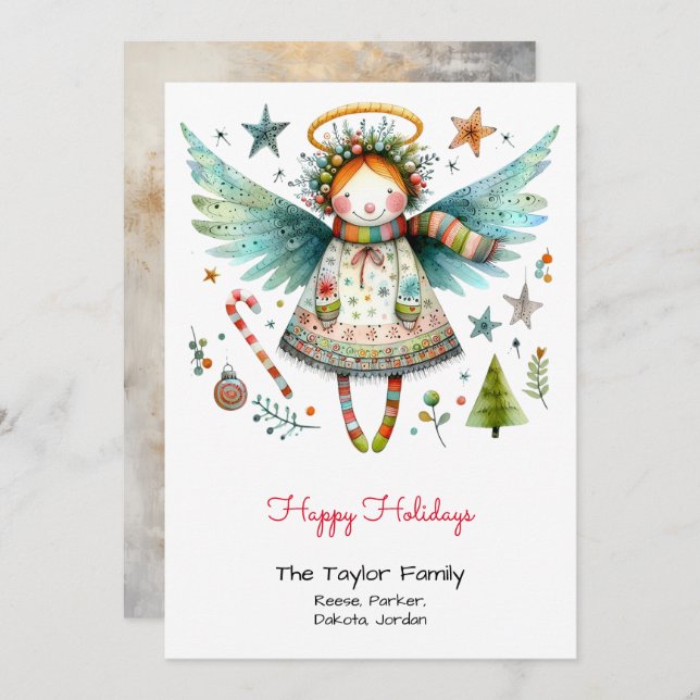 Whimsical Angel Illustration Happy Holidays Feiertagskarte (Vorne/Hinten)